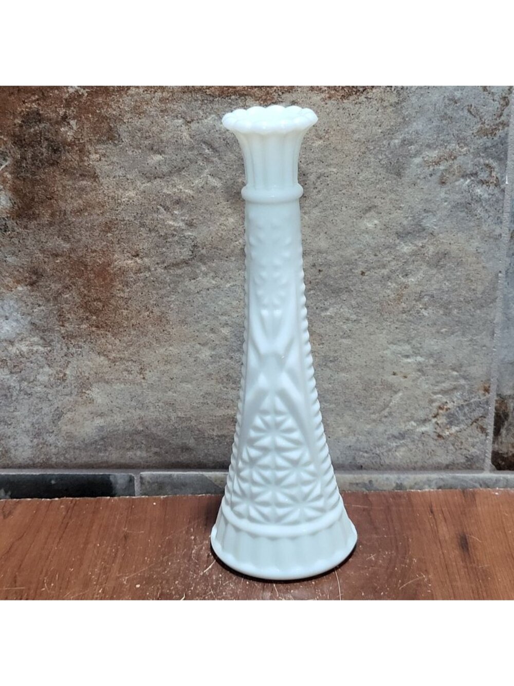 Stars and Bars Milk Glass Bud Vase Pressed Pattern Scalloped Rim